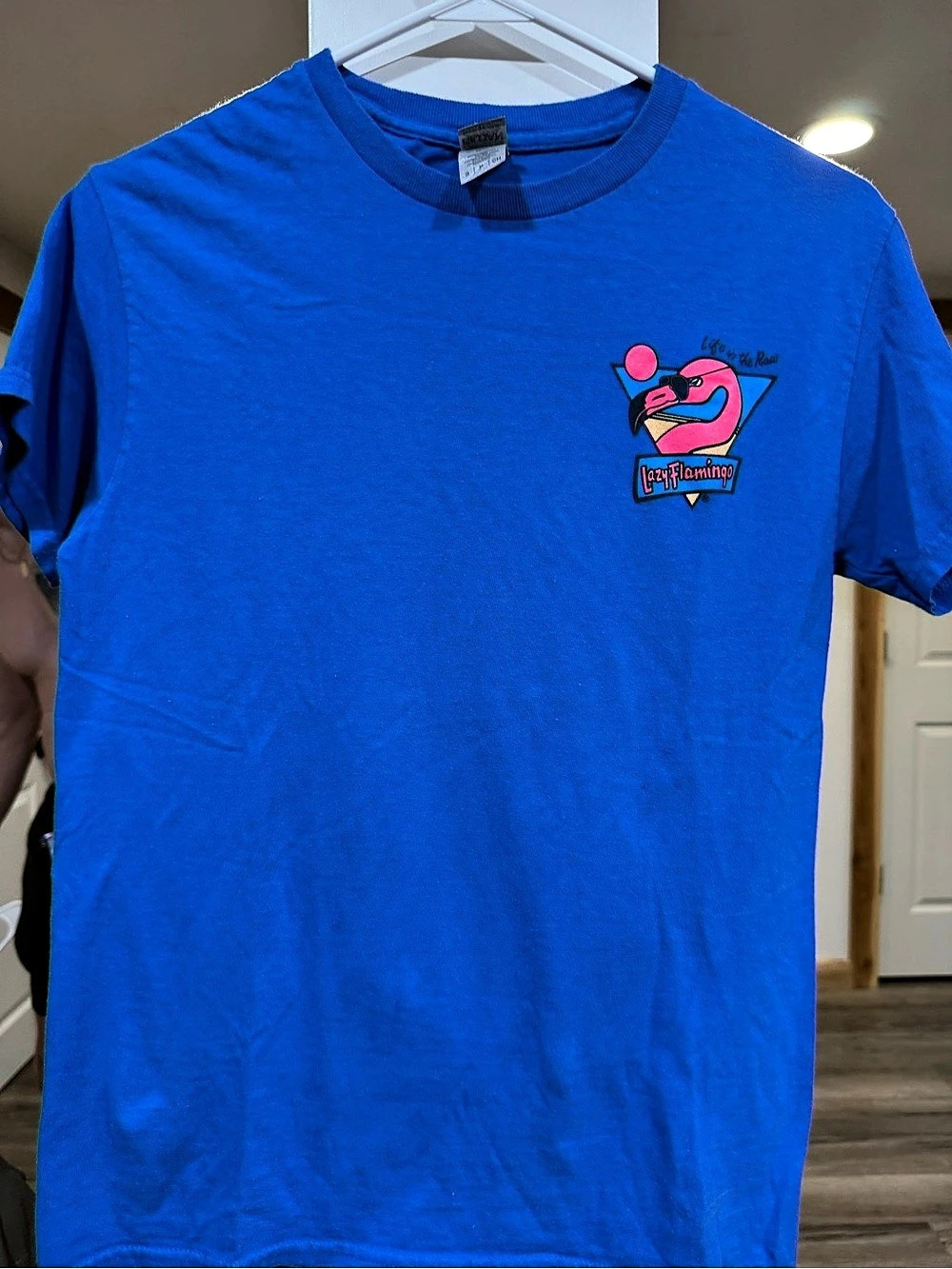 Gildan Lazy Flamingo Florida Souvenir T-Shirt Blue & Pink Small
